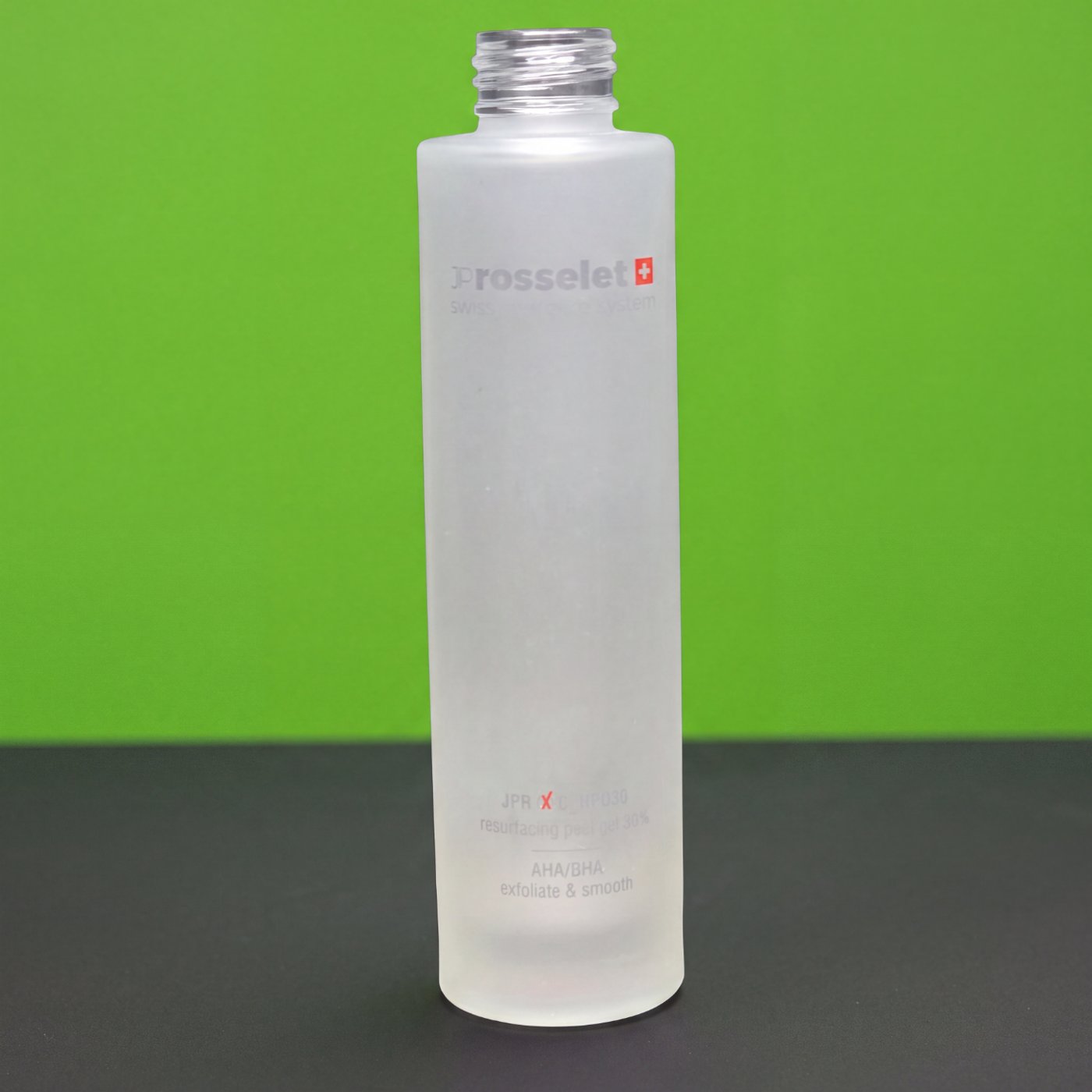 Satinierte Glasflasche mit hellgrauem Siebdruck