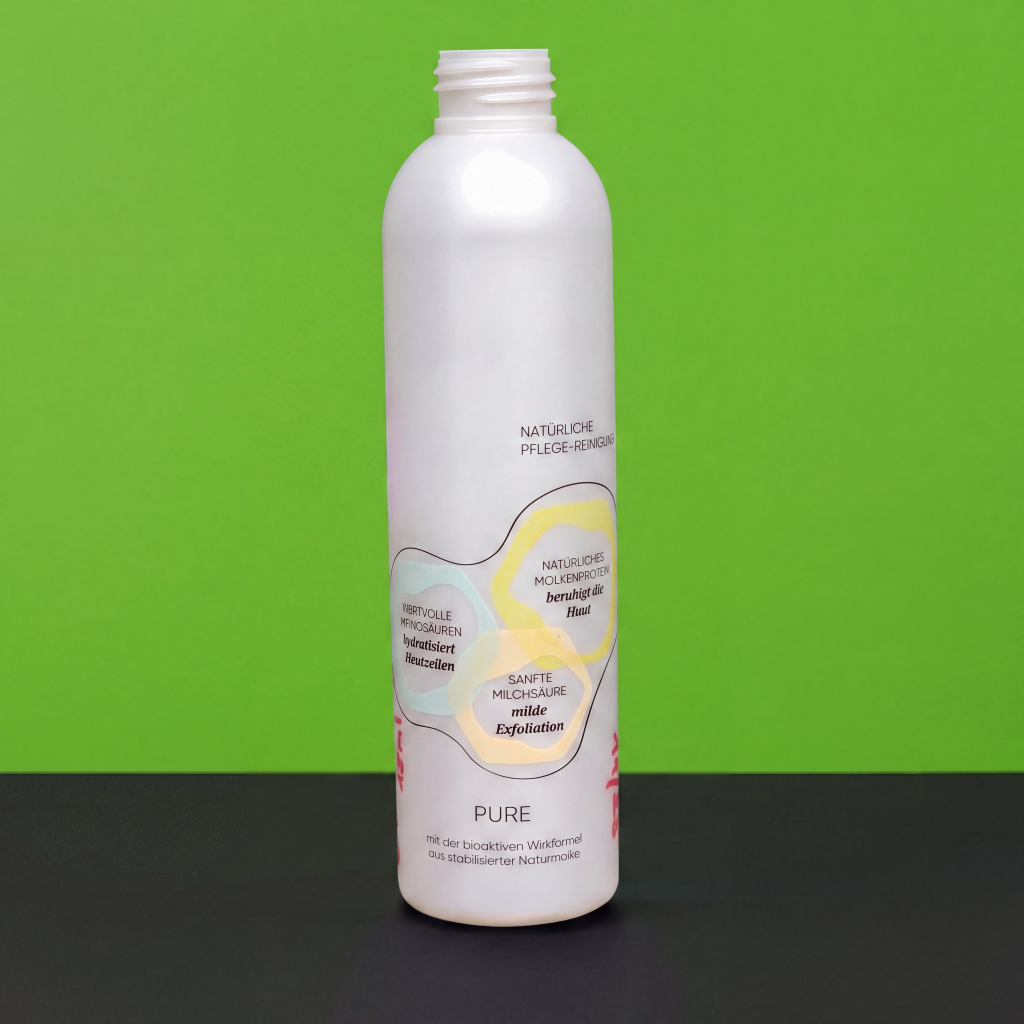Weiße Kunststoffflasche mit mehrfarbigem Siebdruck